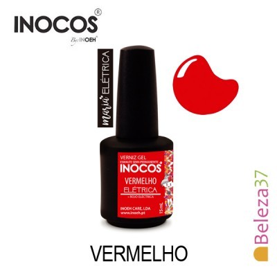 Frasco de verniz gel vermelho elétrico INOCOS com etiqueta vermelha e tampa preta