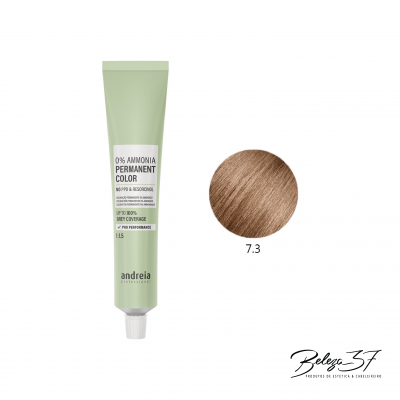 Tubo de tinta cabelo permanente Andreia verde claro com amostra de cor castanho claro 7.3