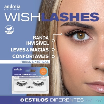 Embalagem de pestanas falsas Andreia WISHLASHES com detalhes do produto e rosto de mulher ao fundo