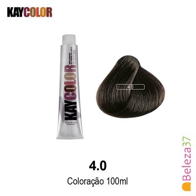 Tubo de coloração KayColor e amostra da cor 4.0 castanho escuro