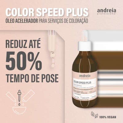 Frasco de óleo acelerador Color Speed Plus da Andreia com texto promocional em fundo rosa