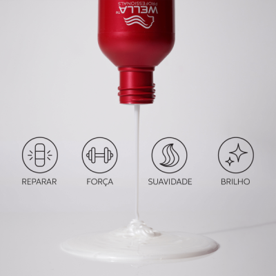 Frasco vermelho derramando creme branco com ícones e palavras de benefícios ao redor