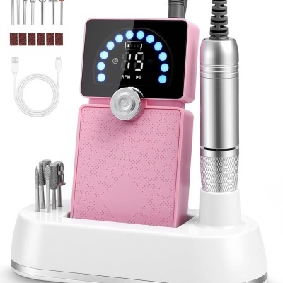 Conjunto de manicure elétrico com base branca, unidade rosa e brocas metálicas