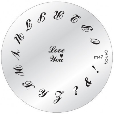 Placa redonda prateada com letras em estilo cursivo e texto Love You no centro