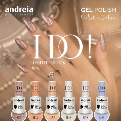 Frascos de verniz gel Andreia Professional coleção Bridial, edição limitada I DO!, em vários tons pastel com brilho