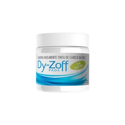 Frasco branco com rótulo azul e verde de Pads Dy-Zoff para remover tinta de cabelo