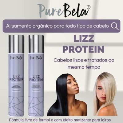 Dois frascos lilás de LIZZ PROTEIN da Pure Bela com duas mulheres de cabelos lisos ao lado.