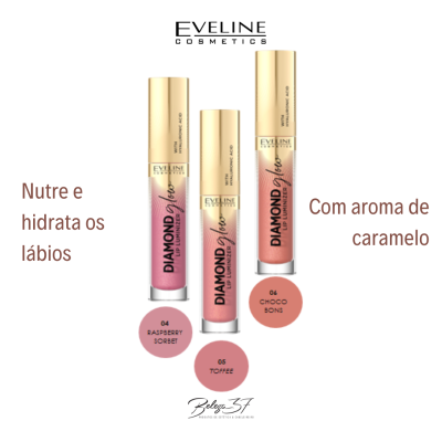 Três batons líquido Eveline Cosmetics Diamond Glow Lip Luminoso em embalagens douradas com texto e cores no fundo branco