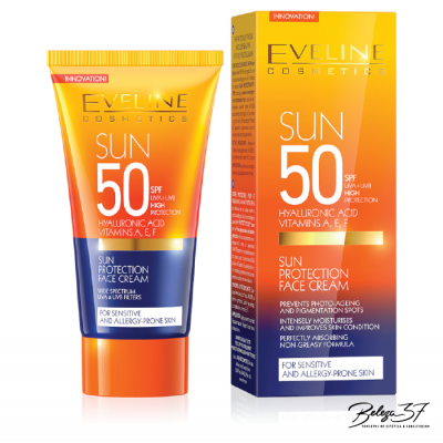 Creme de rosto proteção solar Eveline Cosmetics Sun 50 SPF embalagem laranja-amarelo e azul
