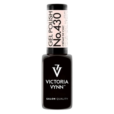 Frasco de verniz gel para unhas Victoria Vynn preto com rótulo rosa claro.