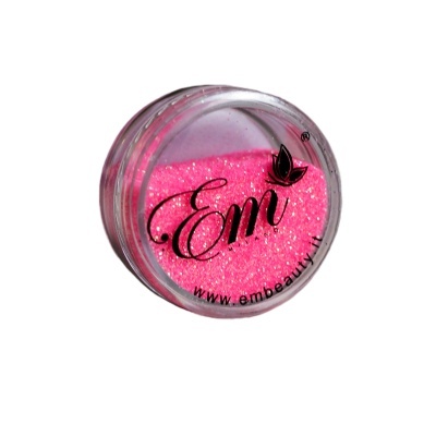 Pote transparente com glitter rosa e tampa com texto preto Em