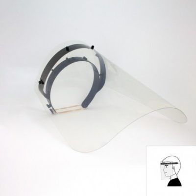 Máscara facial tipo viseira com proteção transparente e estrutura cinza
