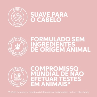 Selos de produto para cabelo indicando ser suave, sem ingredientes de origem animal e sem testes em animais.