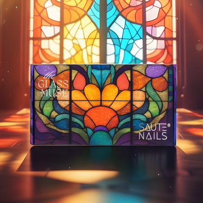 Embalagem colorida estilo vitral com texto 'the GLASS MUSE' e 'SAUTE NAILS' junto a janela de vitral iluminada.