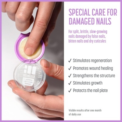 Produto cosmético para unhas danificadas em pote transparente com tampa roxa