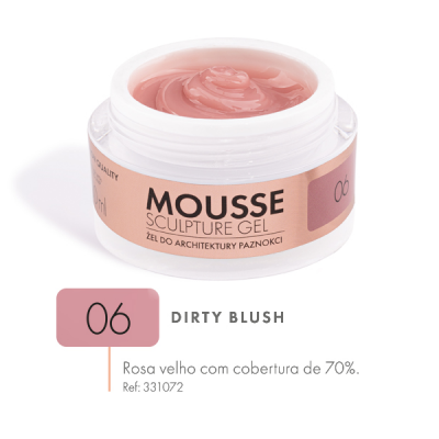 Frasco aberto com mousse rosa velho e etiqueta com texto de descrição do produto
