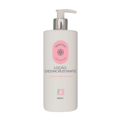 frasco de loção desincrustante branco com dispensador prateado e texto rosa e cinza