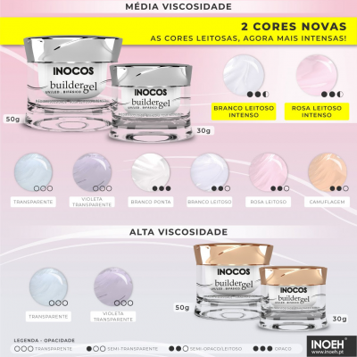 Gel de construção para unhas INOCOS buildergel em frascos de vidro, cores variadas e viscosidades médias e altas.