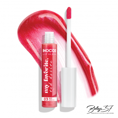 Lip gloss vermelho cintilante Inocos com tampa branca e pincel aplicador