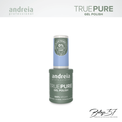 Frasco de verniz gel TRUE PURE da andreia profissional com tampa azul e corpo verde escuro