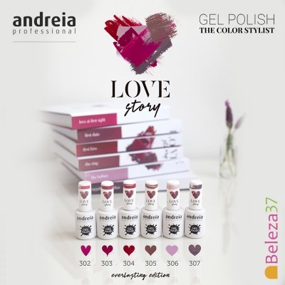 Sete frascos de verniz gel com cores vermelhas e rosas da marca Andreia Professional em frente a embalagens brancas.