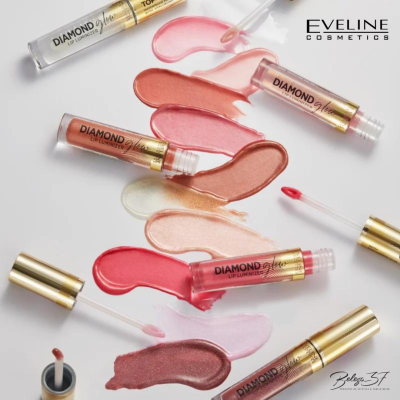 Glosses labiais Eveline Cosmetics DIAMOND lip luminous em várias cores e texturas sobre fundo branco