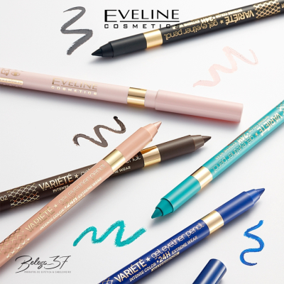 Lápis de olhos coloridos da marca Eveline Cosmetics com texto visível sobre fundo branco.