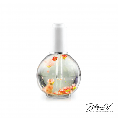 Frasco redondo transparente com flores dentro e tampa branca, texto Beleza 37