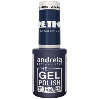 Frasco de verniz gel azul escuro da Andreia Professional com texto branco