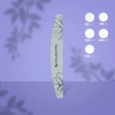 Lima de unhas cinzenta com flores e texto STALEKS PRO em fundo lilás com sombras e círculos com granulações.