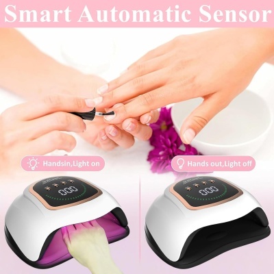 Lâmpadas digitais para secagem de unhas, branco e preto, com painel digital, mãos a usar e texto explicativo
