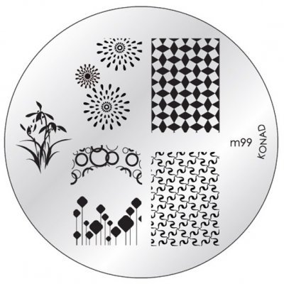 Placa metálica redonda para carimbos de unhas com padrões pretos e texto m99 KONAD