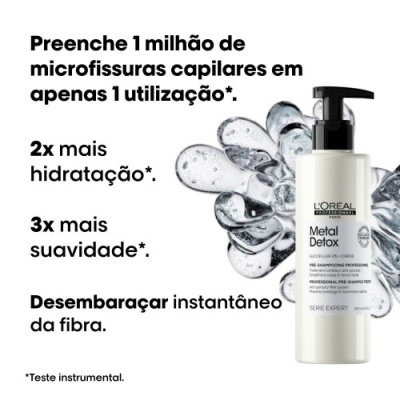 Imagem do frasco do produto L'Oreal Professionnel Metal Detox com texto promocional em português