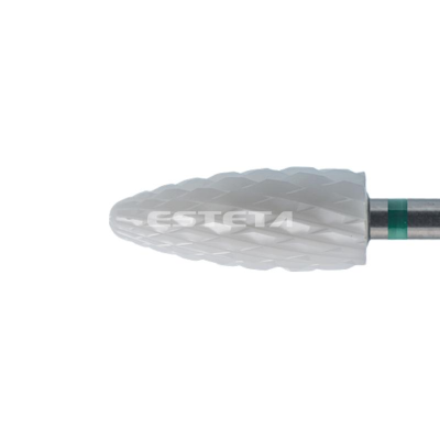 Broca de cerâmica branca com padrão cruzado e haste metálica cinzenta com faixa verde