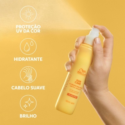 Spray protetor solar para cabelo Wella Sun Care em fundo amarelo com texto de benefícios em português