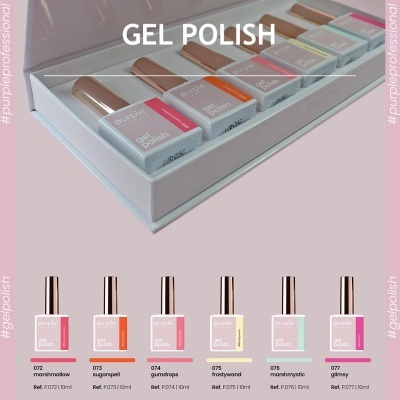 Conjunto de vernizes gel Purple Professional gel polish com embalagem retangular e tampas douradas