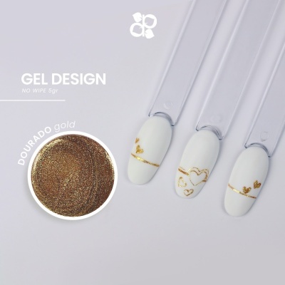 Amostras de unhas postiças com desenhos dourados em fundo branco e amostra de gel dourado.