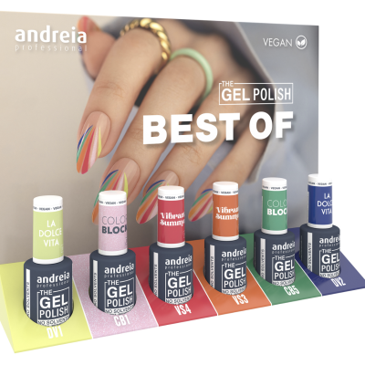 Expositor de vernizes de gel com 6 cores e mão com unhas decoradas