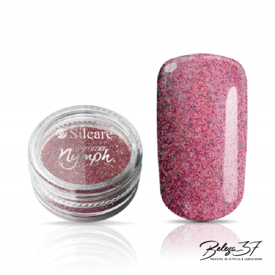 Pó de unhas rosa brilhante Summer Nymph Silcare com amostra em unha e logo Beleza 37