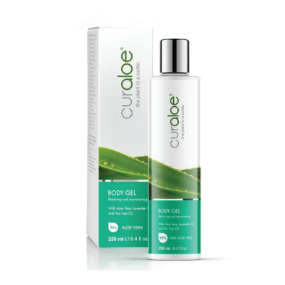 Gel corporal Curaploe com tampa prateada e rótulo verde com aloe vera
