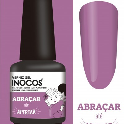 frasco de verniz gel lilás inocos com rótulo e amostra da cor