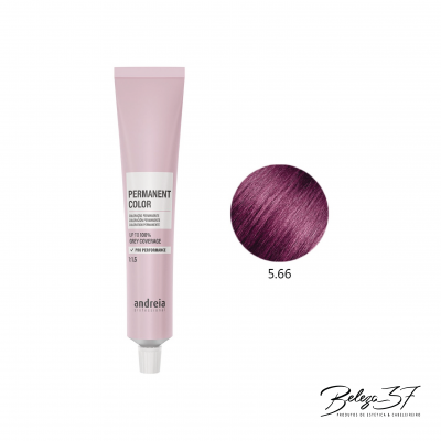 Tubo de tinta para cabelo permanente Andreia Professional cor 5.66 rosa e amostra de cor roxa
