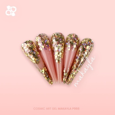 Conjunto de unhas artificiais rosa com glitter dourado e multicolorido