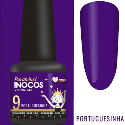 Frasco de verniz gel roxo Inocos com rótulo violeta e texto Parabéns INOCOS VERNIZ GEL 9 PORTUGUESINHA edição limitada