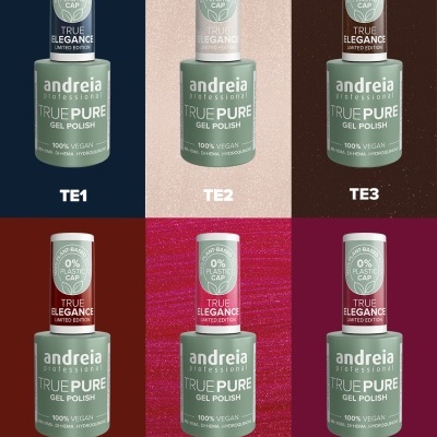 Seis frascos de verniz gel Andreia Professional True Pure Gel Polish em fundos coloridos distintos