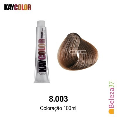 Tubo de coloração Kaycolor 8.003 e amostra de cabelo castanho claro 8.003