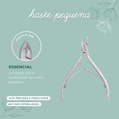 Alicate pequeno de aço inoxidável com fundo verde e ilustrações florais