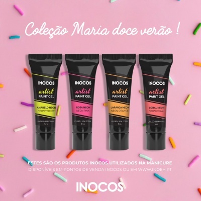 Quatro tubos de gel de pintura para unhas INOCOS artist paint gel em diferentes cores neon sobre fundo rosa com confetis coloridos