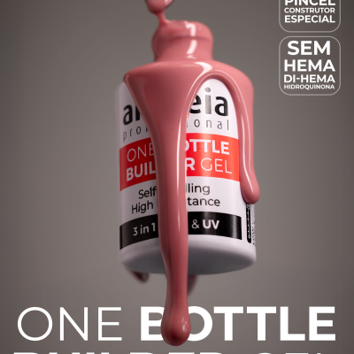 frasco de gel para unhas rosa com pincel e texto da marca Andreia