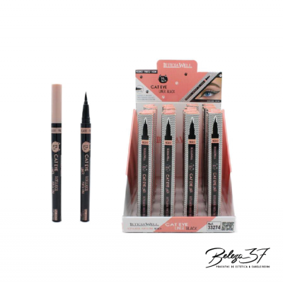 Lápis de olhos preto líquido em embalagem e caixa de exposição